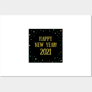 happy new year! 2021 holiday blue teal gold yellow stars pattern Posters and Art